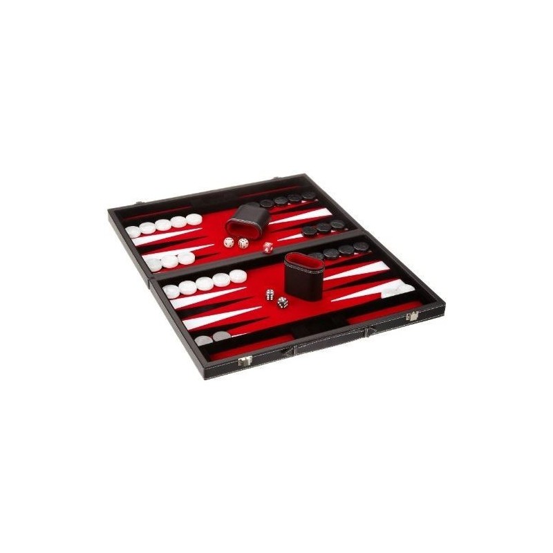 Backgammon simili cuir noir, intérieur rouge, grand modèle