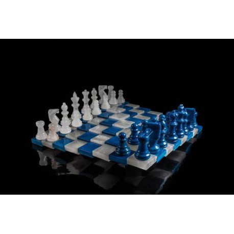 Jeu d'échecs en Albatre 3d Bleu/Blanc 32x32