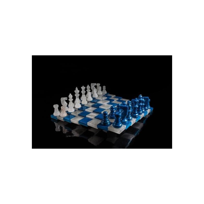 Jeu d'échecs en Albatre 3d Bleu/Blanc 32x32