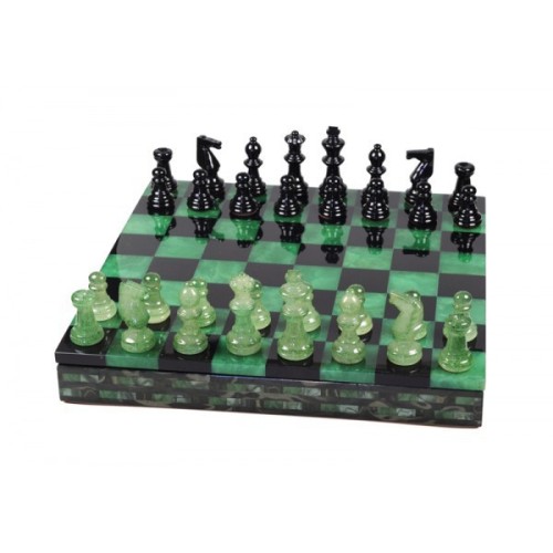 Coffret d'échecs luxe albâtre vert 25cm