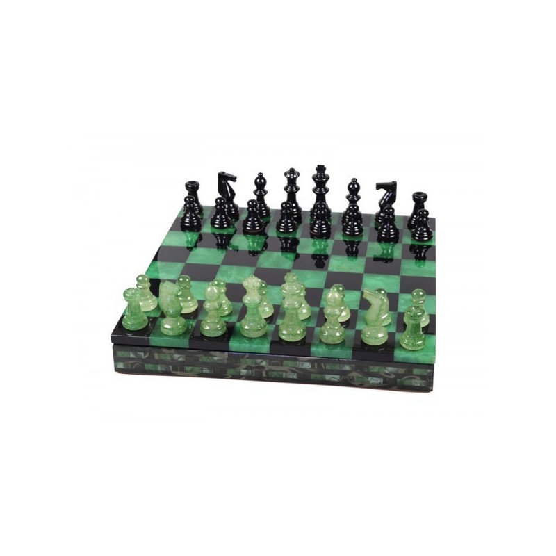 Coffret d'échecs luxe albâtre vert 25cm