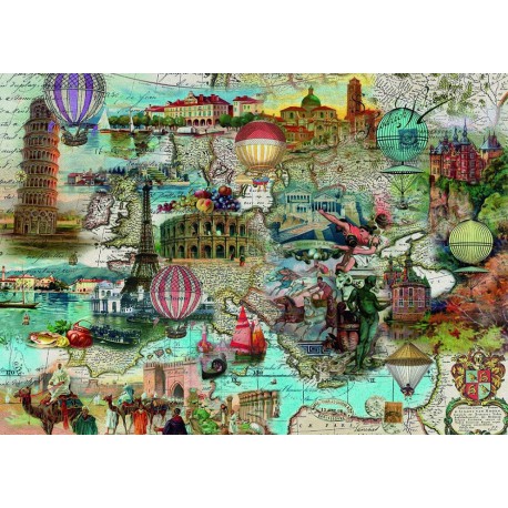 Puzzle 1000 pièces - Tour d'Europe de Montgolfière à travers l'Europe