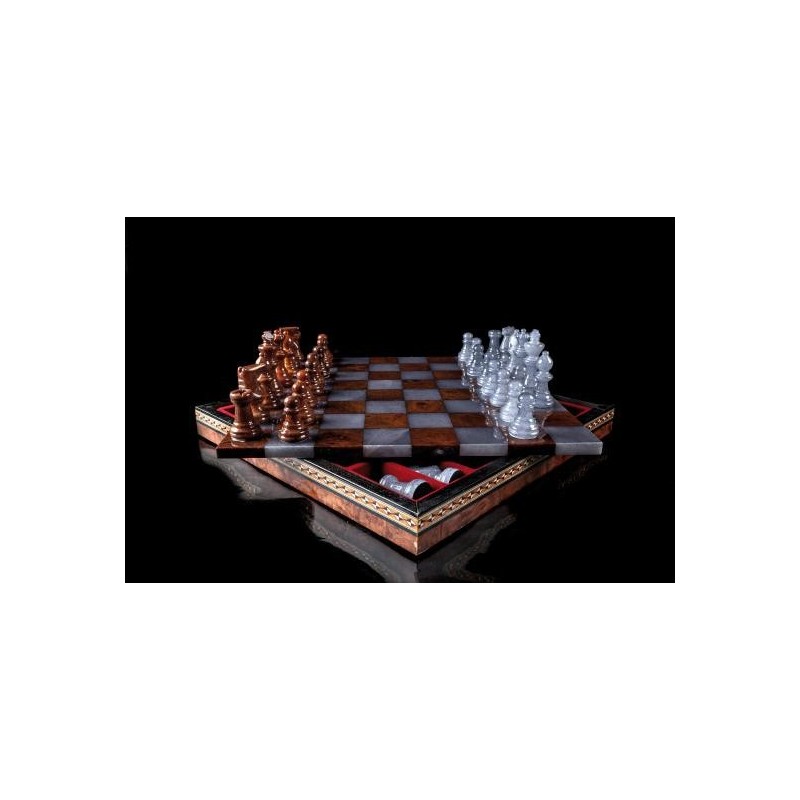 Coffret Echecs Deluxe Albatre Marron/Gris 35cm