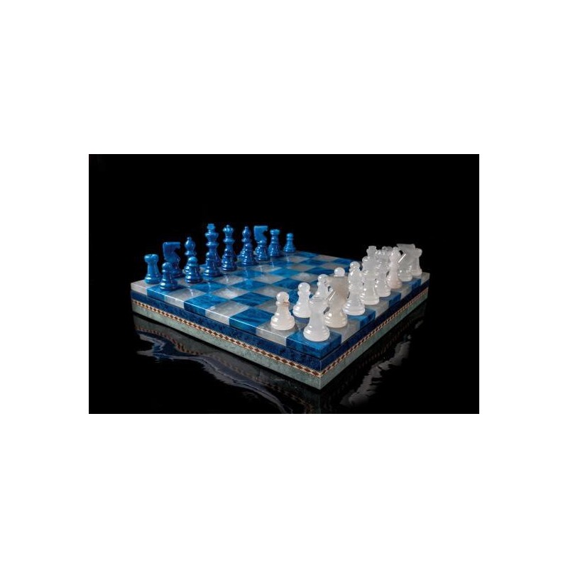 Jeu d'Echecs en Albâtre Bleu/Blanc 35cm - Coffret