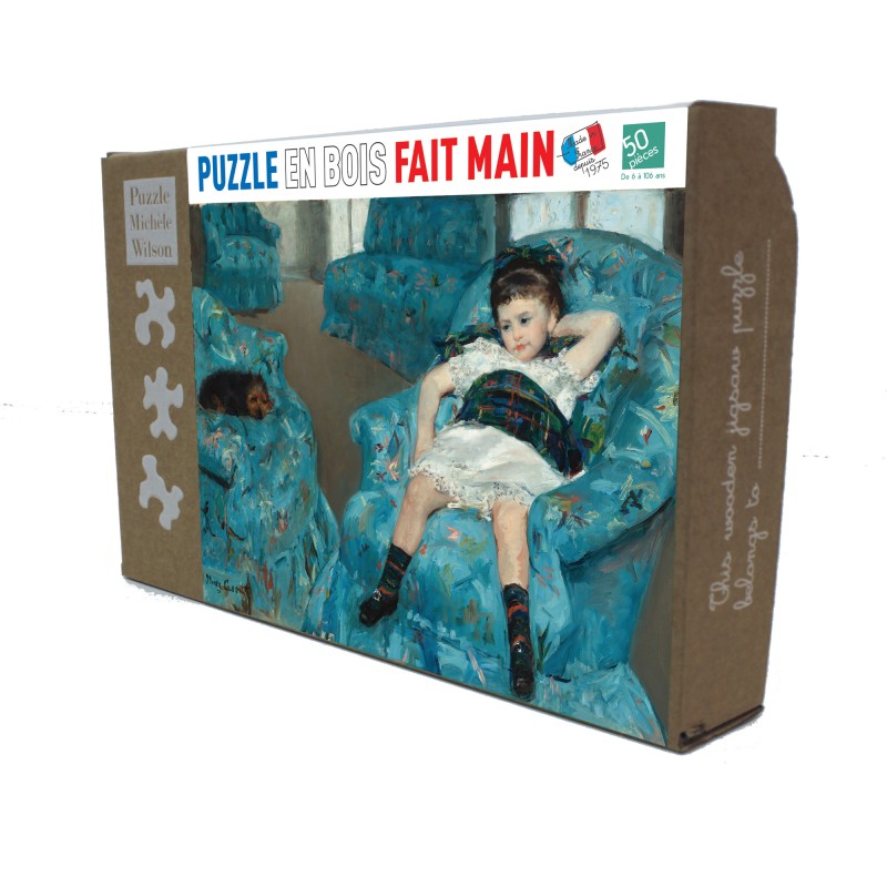 Puzzle en bois 50 pièces - Petite fille dans un fauteuil bleu