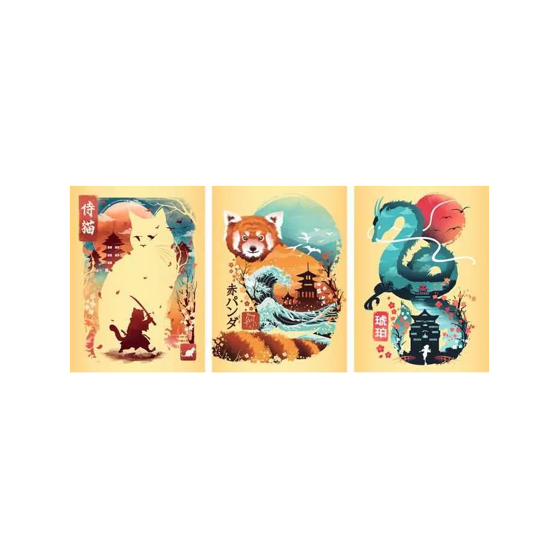 Puzzle 100 pièces - Chat, Panda Roux et Dragon Ukyio-E