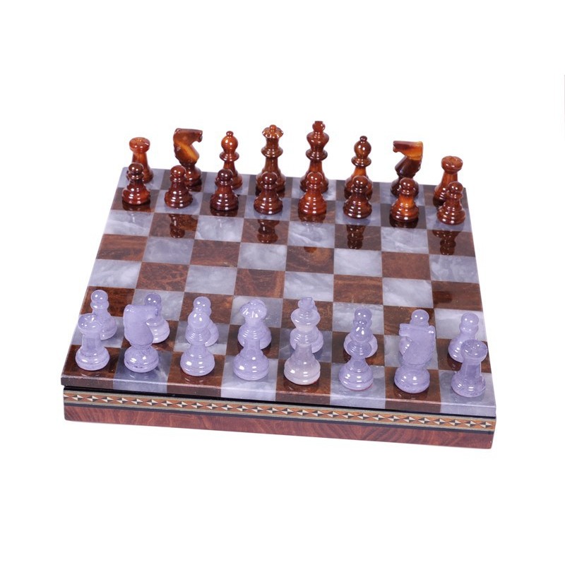 Coffret d'échecs de luxe en albâtre marron et gris