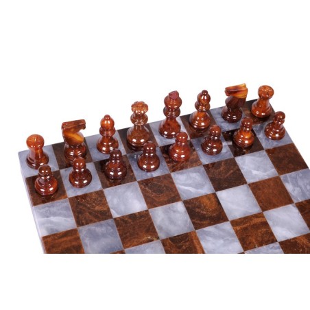 Coffret d'échecs de luxe en albâtre marron et gris