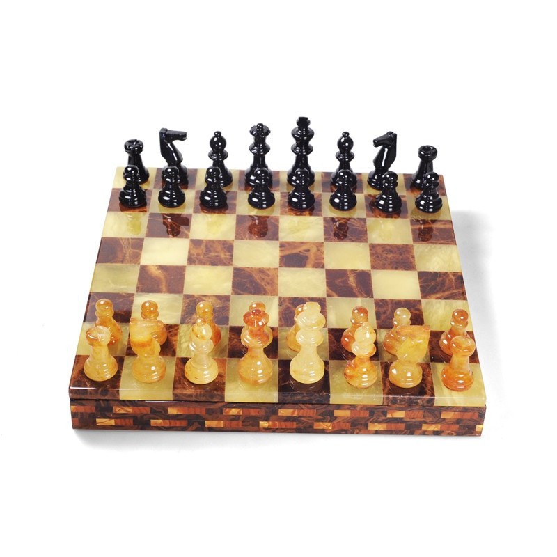 Coffret échecs albâtre jaune et marron