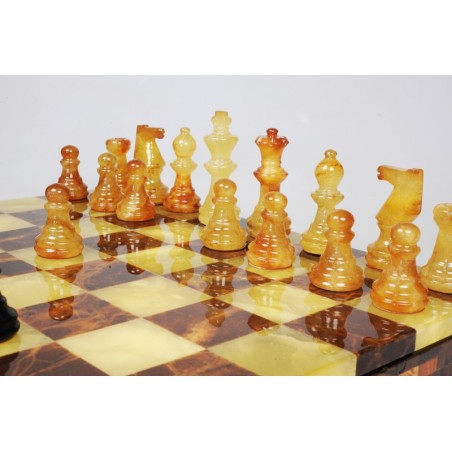 Coffret échecs albâtre jaune et marron